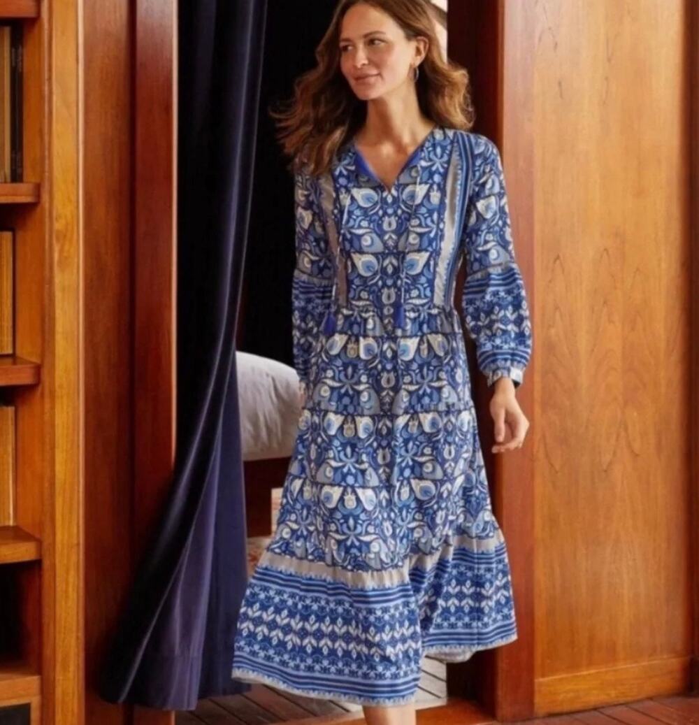 J. McLaughlin Gilda Midi Dress Folk Floral Border Size Medium